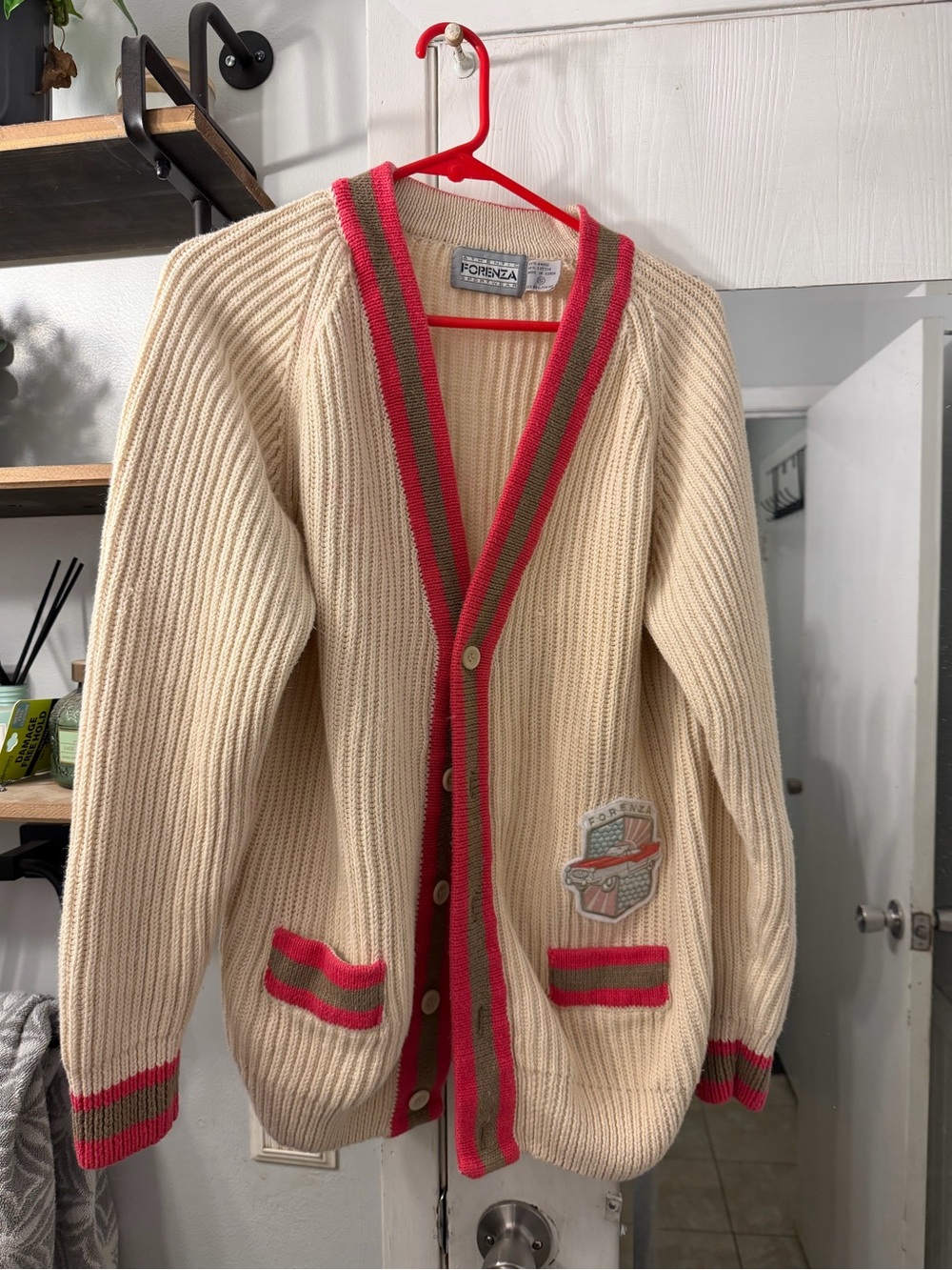 Forenza Vintage 1980’s Chunky Cream Cardigan with Pink and Green Trim